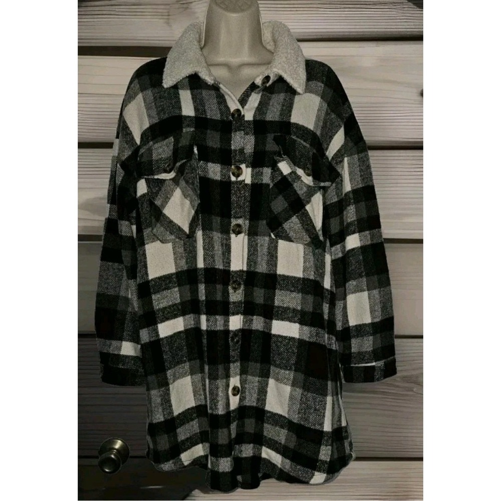 Davi‎ Dani Y2k Plaid Flannel Shacket Fleece Collar Button Pockets Women's M